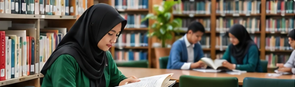 Ilustrasi suasana belajar dan membaca di perpustakaan